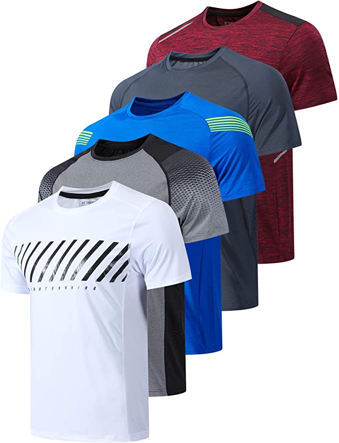 5 Pack Men’s Active Quick Dry Crew Neck T Shirts | Athletic Running Gym Workout Short Sleeve Tee Tops Bulk