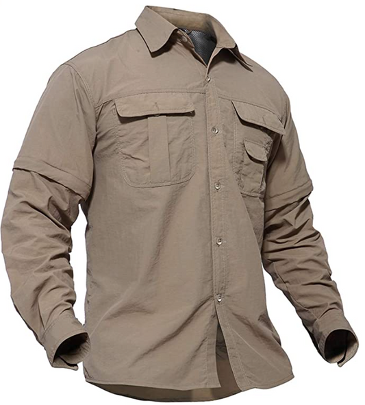 TACVASEN Men's Breathable Quick Dry UV Protection Solid Convertible Long Sleeve Shirt (Color: Khaki)