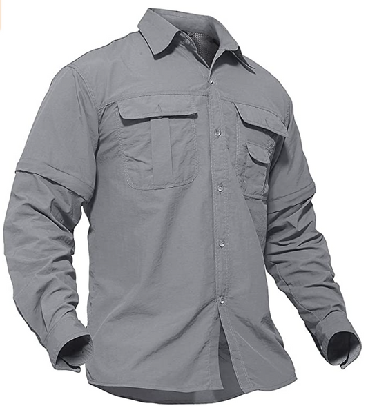 TACVASEN Men's Breathable Quick Dry UV Protection Solid Convertible Long Sleeve Shirt (Color: Light Grey)