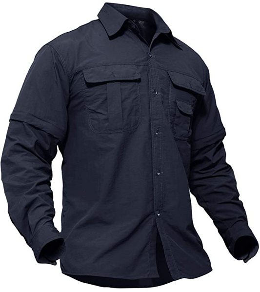 TACVASEN Men's Breathable Quick Dry UV Protection Solid Convertible Long Sleeve Shirt (Color: Navy)
