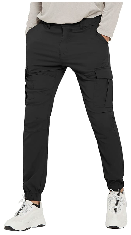 PULI Men's Hiking Cargo Pants Slim Fit Stretch Jogger Cycling Waterproof Outdoor Trousers with Pockets (Color: Black)