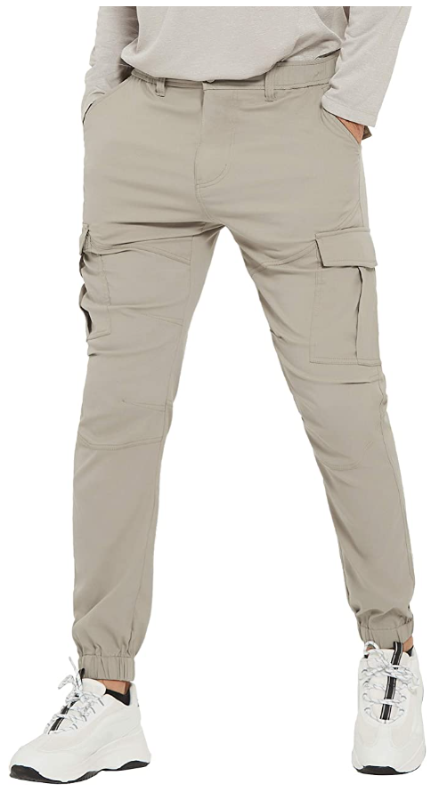 PULI Men's Hiking Cargo Pants Slim Fit Stretch Jogger Cycling Waterproof Outdoor Trousers with Pockets (Color: Stone)