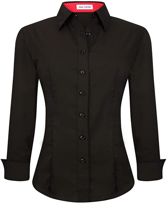 Alex Vando Womens Dress Shirts Regular Fit Long Sleeve Stretch Work Shirt (Color: Black)