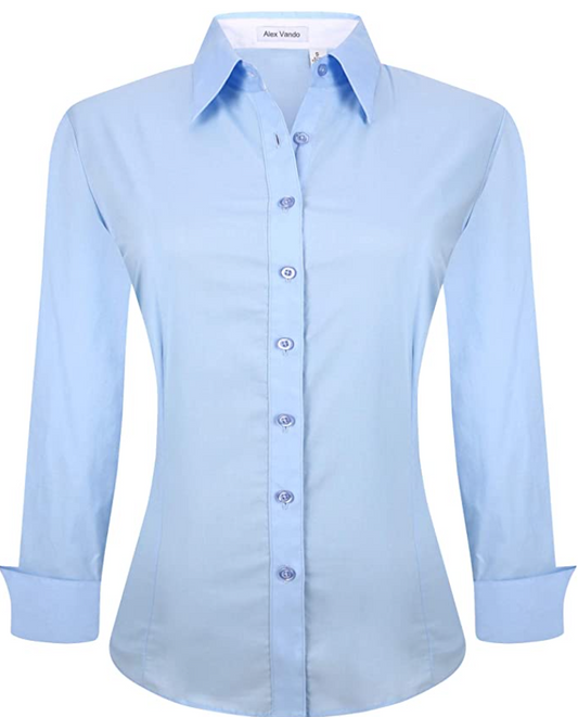 Alex Vando Womens Dress Shirts Regular Fit Long Sleeve Stretch Work Shirt (Color: Blue)