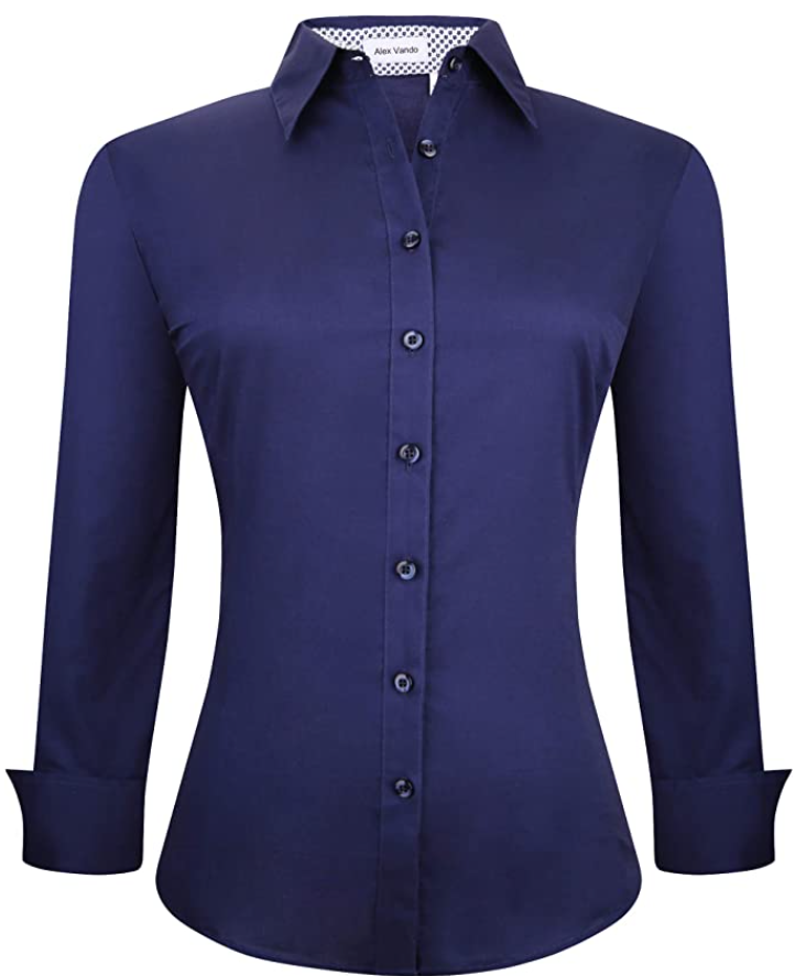 Alex Vando Womens Dress Shirts Regular Fit Long Sleeve Stretch Work Shirt (Color: Navy)