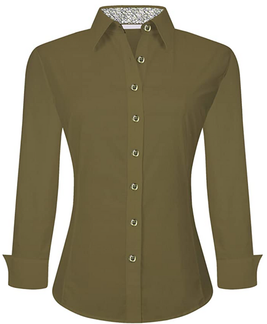 Alex Vando Womens Dress Shirts Regular Fit Long Sleeve Stretch Work Shirt (Color: Olive)