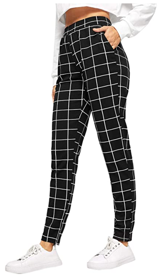 SweatyRocks Women's Pants Casual High Waist Skinny Leggings Stretchy Work Pants (Color: Plaid Black)