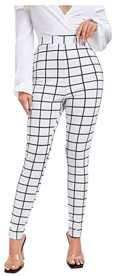 SweatyRocks Women's Pants Casual High Waist Skinny Leggings Stretchy Work Pants (Color: Plaid Black White)