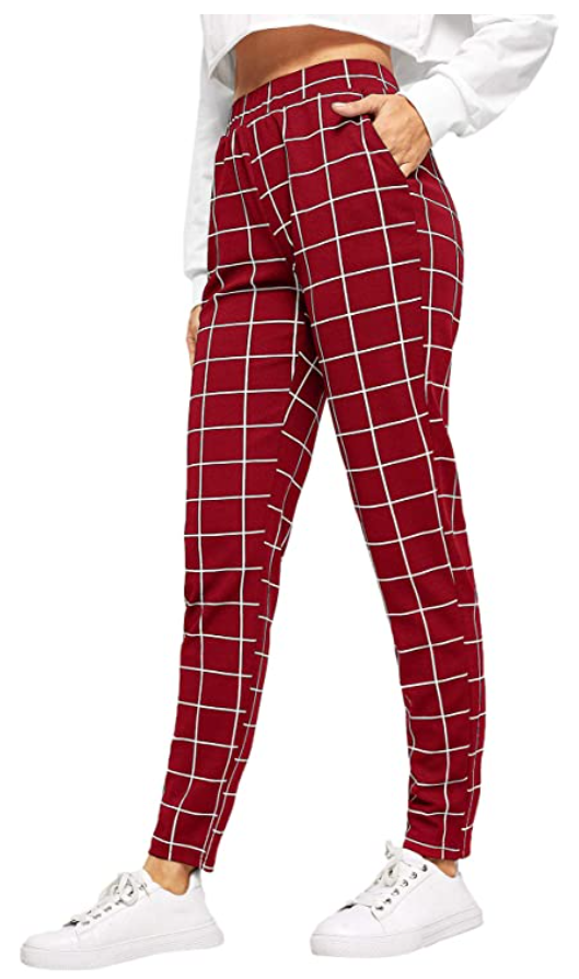 SweatyRocks Women's Pants Casual High Waist Skinny Leggings Stretchy Work Pants (Color: Plaid Burgundy)