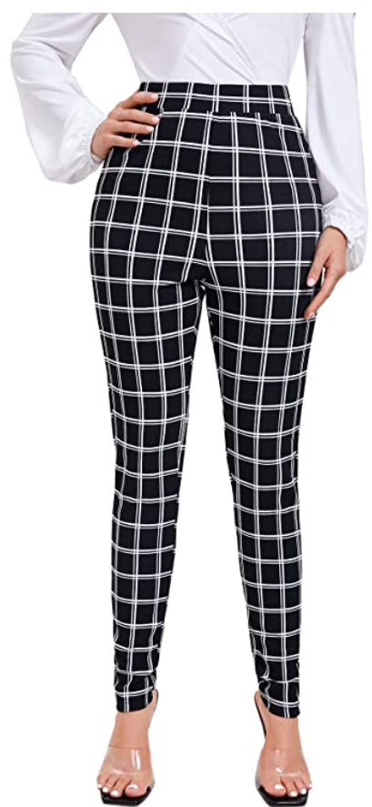 SweatyRocks Women's Pants Casual High Waist Skinny Leggings Stretchy Work Pants (Color: Plaid White Black)