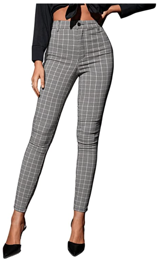 SweatyRocks Women's Pants Casual High Waist Skinny Leggings Stretchy Work Pants (Color: Grey Plaid)