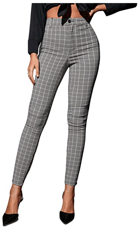 SweatyRocks Women's Pants Casual High Waist Skinny Leggings Stretchy Work Pants (Color: Grey Plaid)