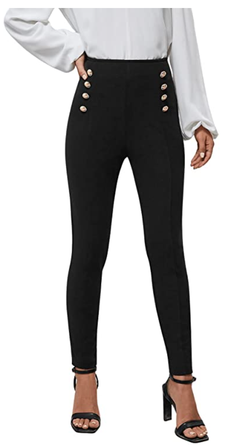 SweatyRocks Women's Pants Casual High Waist Skinny Leggings Stretchy Work Pants (Color: Black Button)