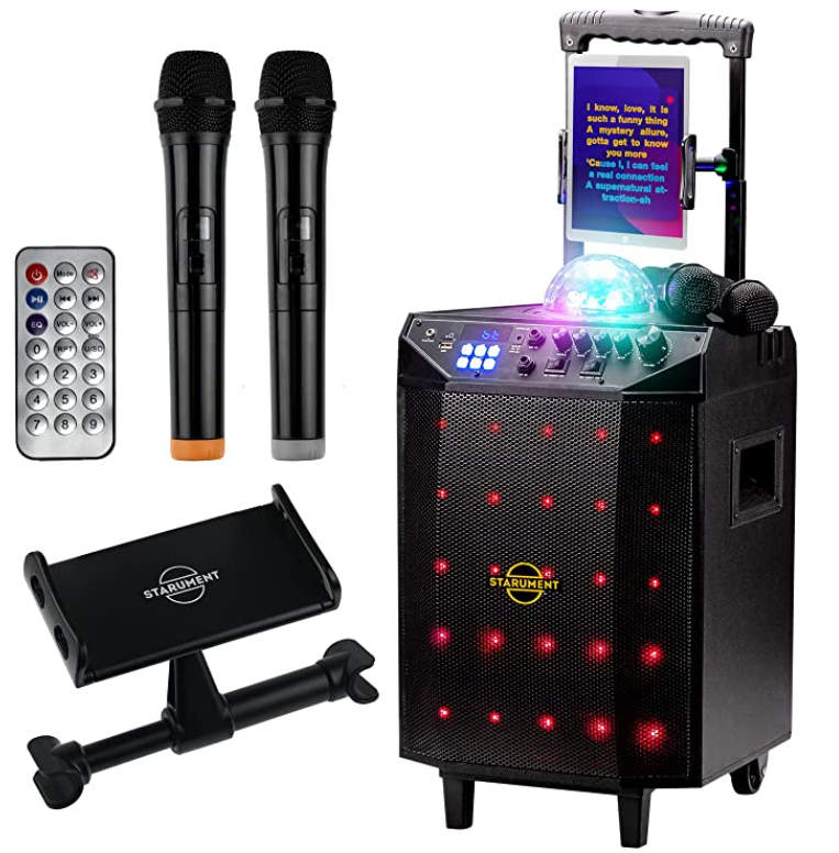 Starument Portable Karaoke Machine for Adults & Kids Complete Karaoke System Includes Bluetooth Speakers on Wheels, 2 Bluetooth Microphones, Disco Ball, LED Speaker Light, Cell Phone Stand & USB Aux