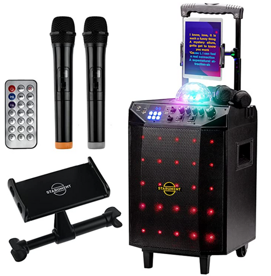 Starument Portable Karaoke Machine for Adults & Kids Complete Karaoke System Includes Bluetooth Speakers on Wheels, 2 Bluetooth Microphones, Disco Ball, LED Speaker Light, Cell Phone Stand & USB Aux