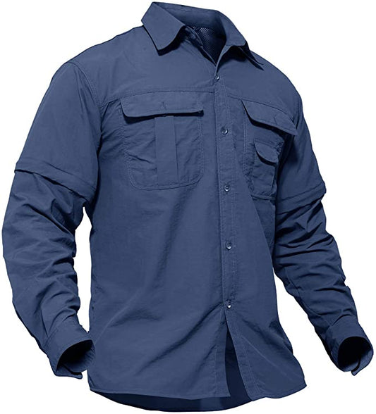 TACVASEN Men's Breathable Quick Dry UV Protection Solid Convertible Long Sleeve Shirt (Color: Blue)