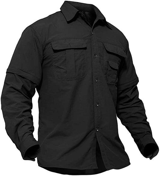TACVASEN Men's Breathable Quick Dry UV Protection Solid Convertible Long Sleeve Shirt (Color: Black)