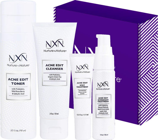 NxN Acne Treatment Kit 4-Step Clear Skin System with Salicylic Acid, Probiotics, Sulfer & Natural Retinols, Control Blemishes & Breakouts, Face Care Solution Set for All Skin Types Including Sensitive