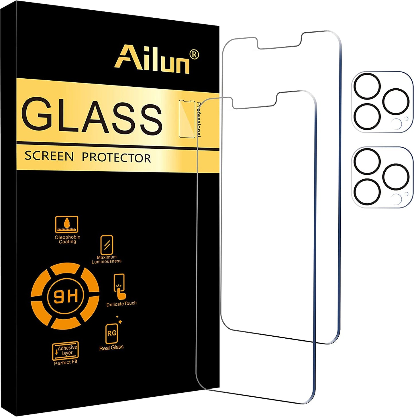 Ailun 2Pack Screen Protector Compatible for iPhone 13 Pro [6.1 inch] Display 2021 + 2 Pack Camera Lens Protector,Tempered Glass Film,[9H Hardness] - HD [Not for iPhone 13 Pro Max]