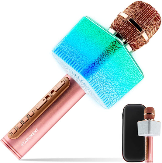 Starument 3 in 1 Wireless Bluetooth Karaoke Microphone with LED Lights, Black Portable Microphone for Kids, Girls and Boys (Rose Gold)