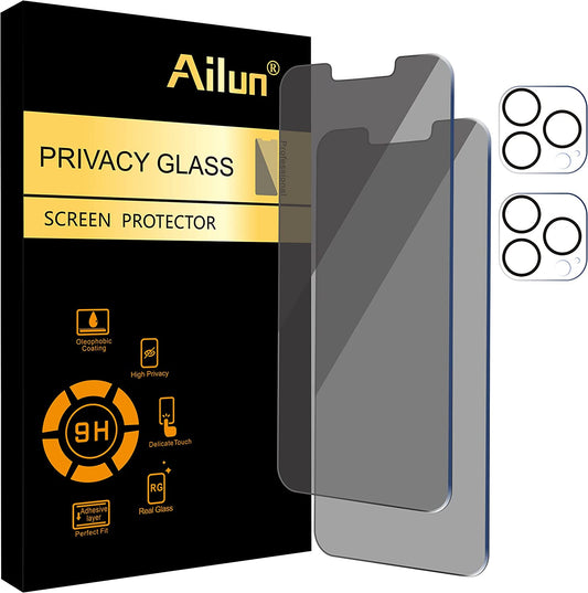 Ailun 2Pack Privacy Screen Protector Compatible for iPhone 13 Pro Max[6.7 inch] + 2 Pack Camera Lens Protector, Anti Spy Private Tempered Glass Film,[9H Hardness] - HD [Black]