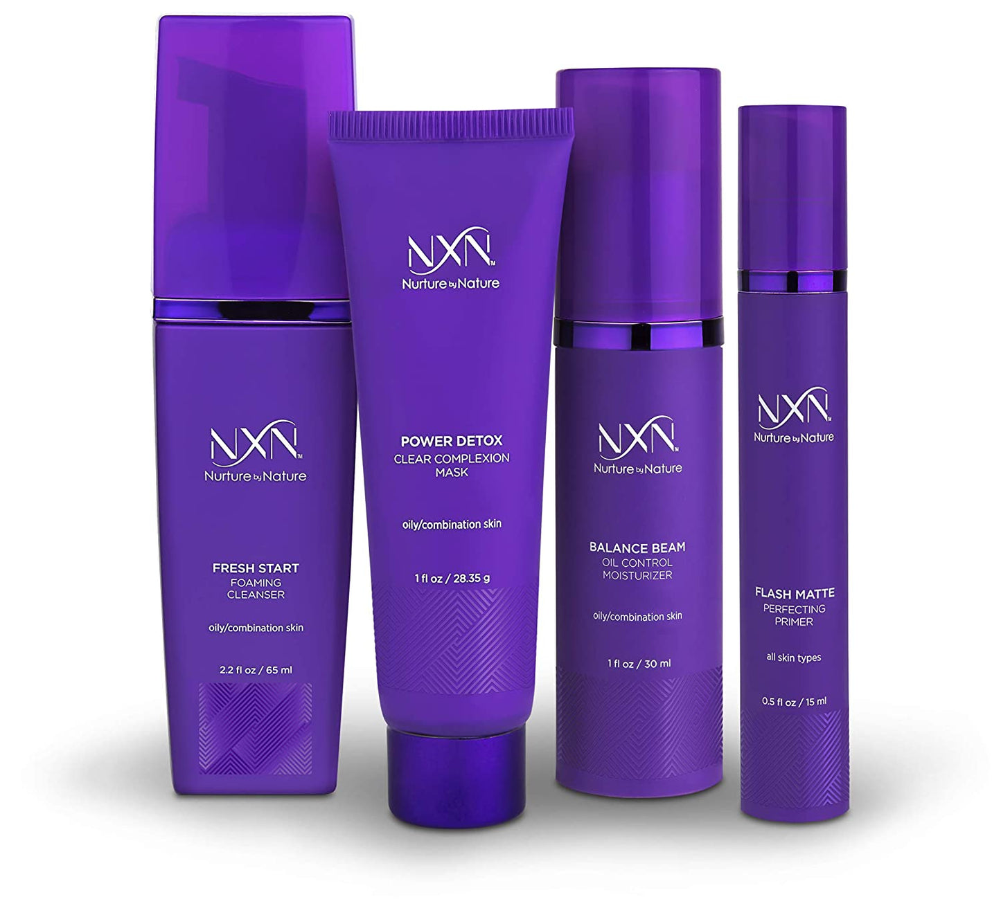 NxN Oil Control System - Set with Kaolin Clay Face Mask, Mattifying Primer, Cleansing Face Wash, & Daily Moisturizer - Oily Skin Sebum Control Kit for Men & Women