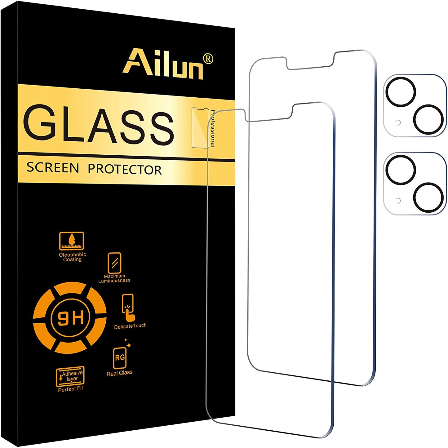 Ailun 2 Pack Screen Protector Compatible for iPhone 13 [6.1 inch Display]with 2 Pack Tempered Glass Camera Lens Protector,[9H Hardness]-HD