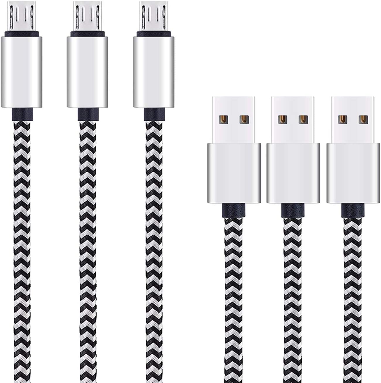 Ailun Micro USB Cable 10ft 3Pack by Ailun High Speed 2.0 USB A Male to Micro USB Sync Charging Nylon Braided Cable for Android Phone Charger Cable Tablets Wall and Car Charger Connection Silver&Blackwhite