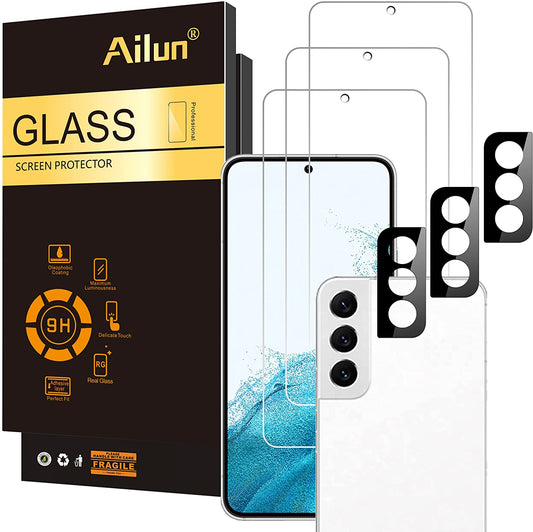 Ailun Glass Screen Protector for Galaxy S22 5G [6.1 Inch Display] 3Pack + 3Pack Camera Lens Tempered Glass Fingerprint Unlock Compatible 0.25mm Clear Case Friendly [Not For S22 Ultra]