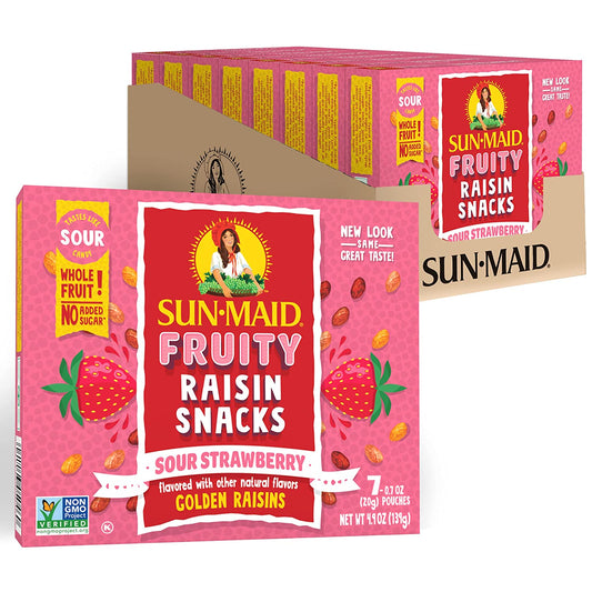 Sun-Maid Fruity Raisins Snacks for Kids | Sour Strawberry | .7 Ounce Pouches | Pack of 8 Boxes with 7 Pouches Each | Whole Natural Dried Fruit | No Artificial Flavors | Non-GMO