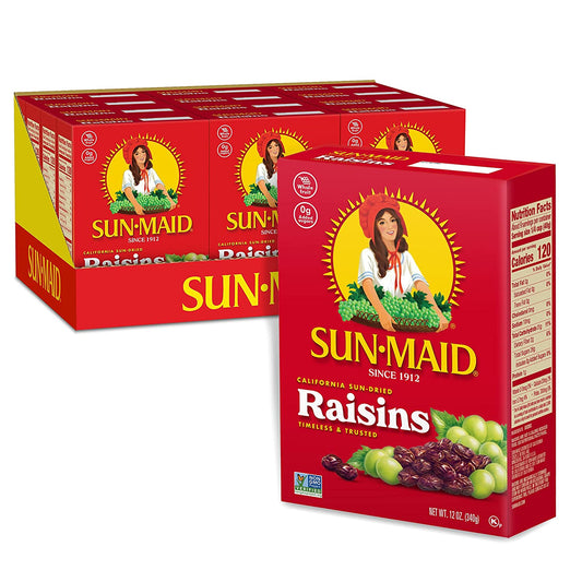 Sun-Maid California Raisins | 12 Ounce Boxes | Pack of 12 | Whole Natural Dried Fruit | No Sugar Added | Naturally Gluten Free | Non-GMO | Vegan And Vegetarian Friendly