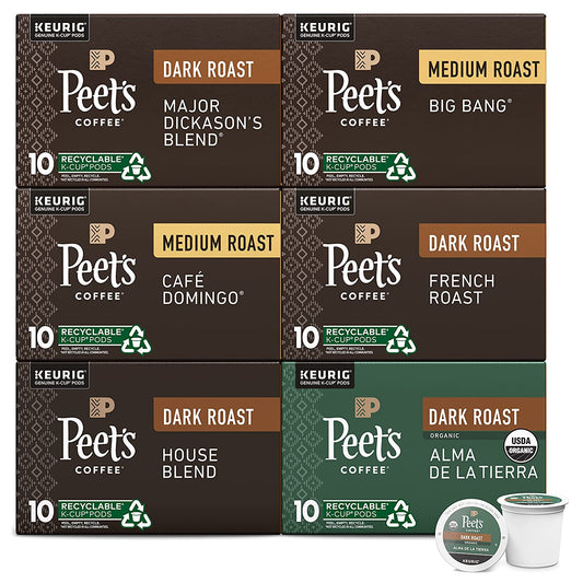 Peet's Coffee Bestseller's Variety Pack K-Cup Pods for Keurig Brewers - Major Dickason’s, Big Bang, French Roast, Café Domingo, Organic Alma De La Tierra, House Blend 60 Count (6 Boxes of 10 K-Cup Pods)